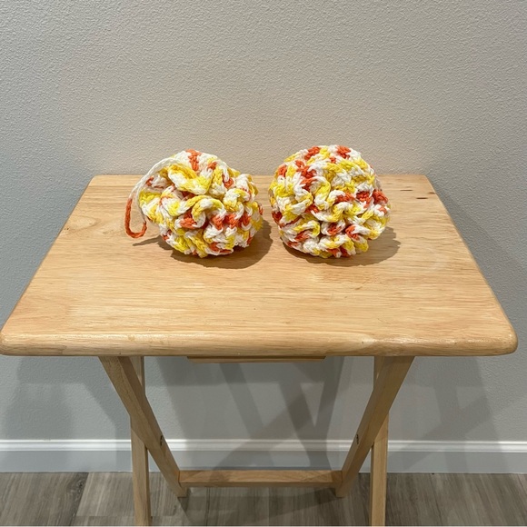 Set of 2 Crochet Yellow/Orange/White Eco-Friendly Bath Loofahs with Hanging Loop - Picture 10 of 10